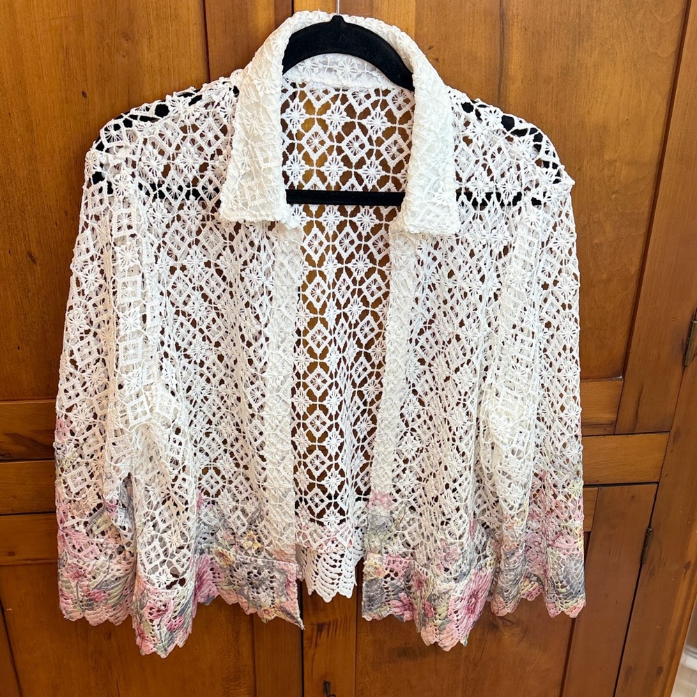 Alfred Dunner White Lace Cardigan with Crocheted Floral Trim, Cottagecore